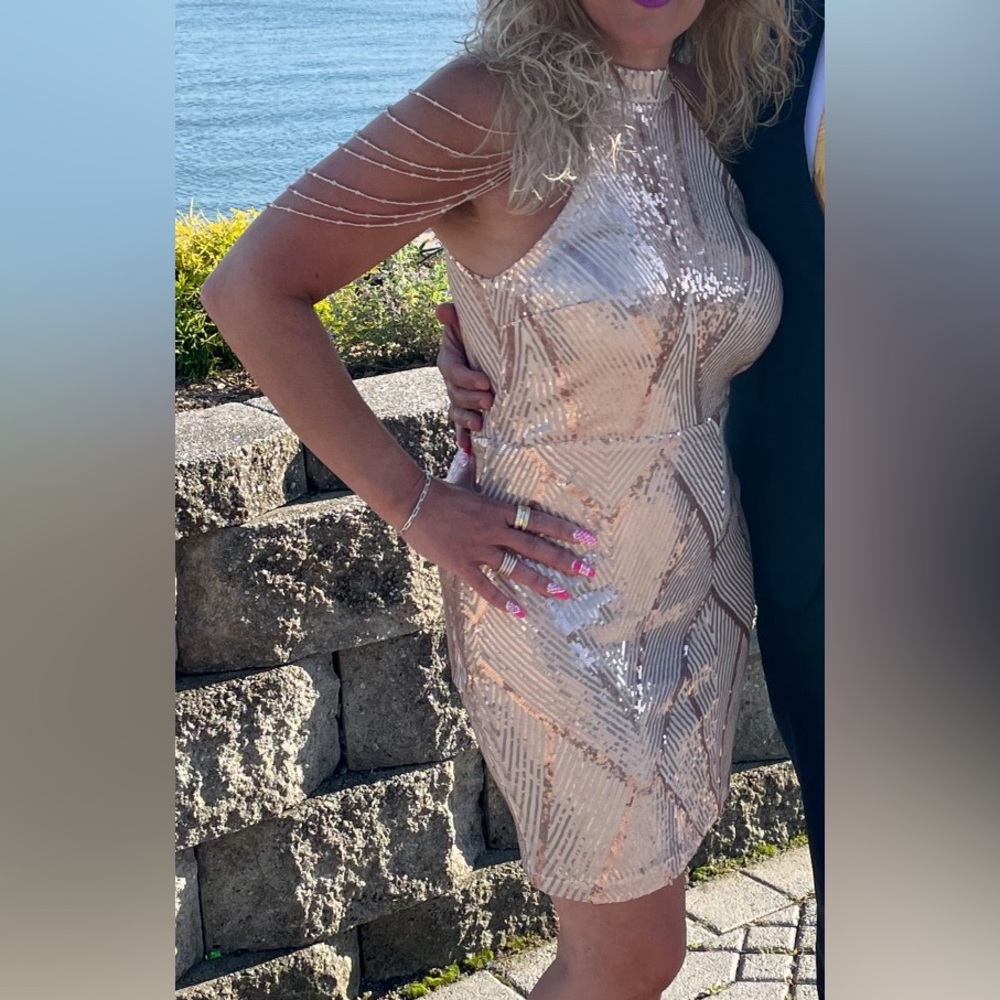 gold dress with arm detail